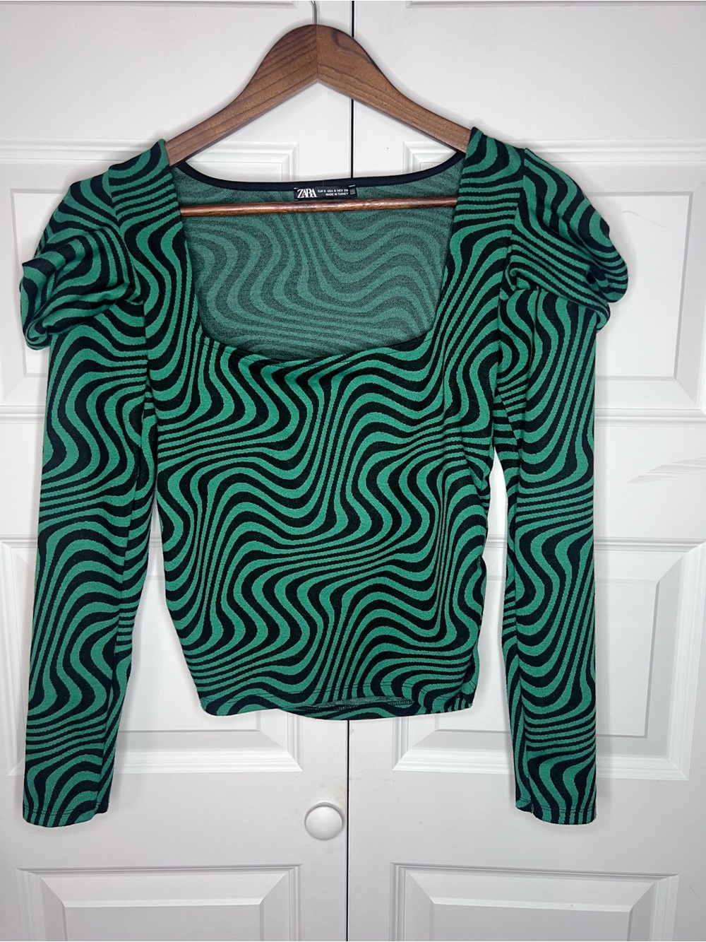 ZARA Green Black Psychedelic Swirl Puff Sleeve Knit Top Small S